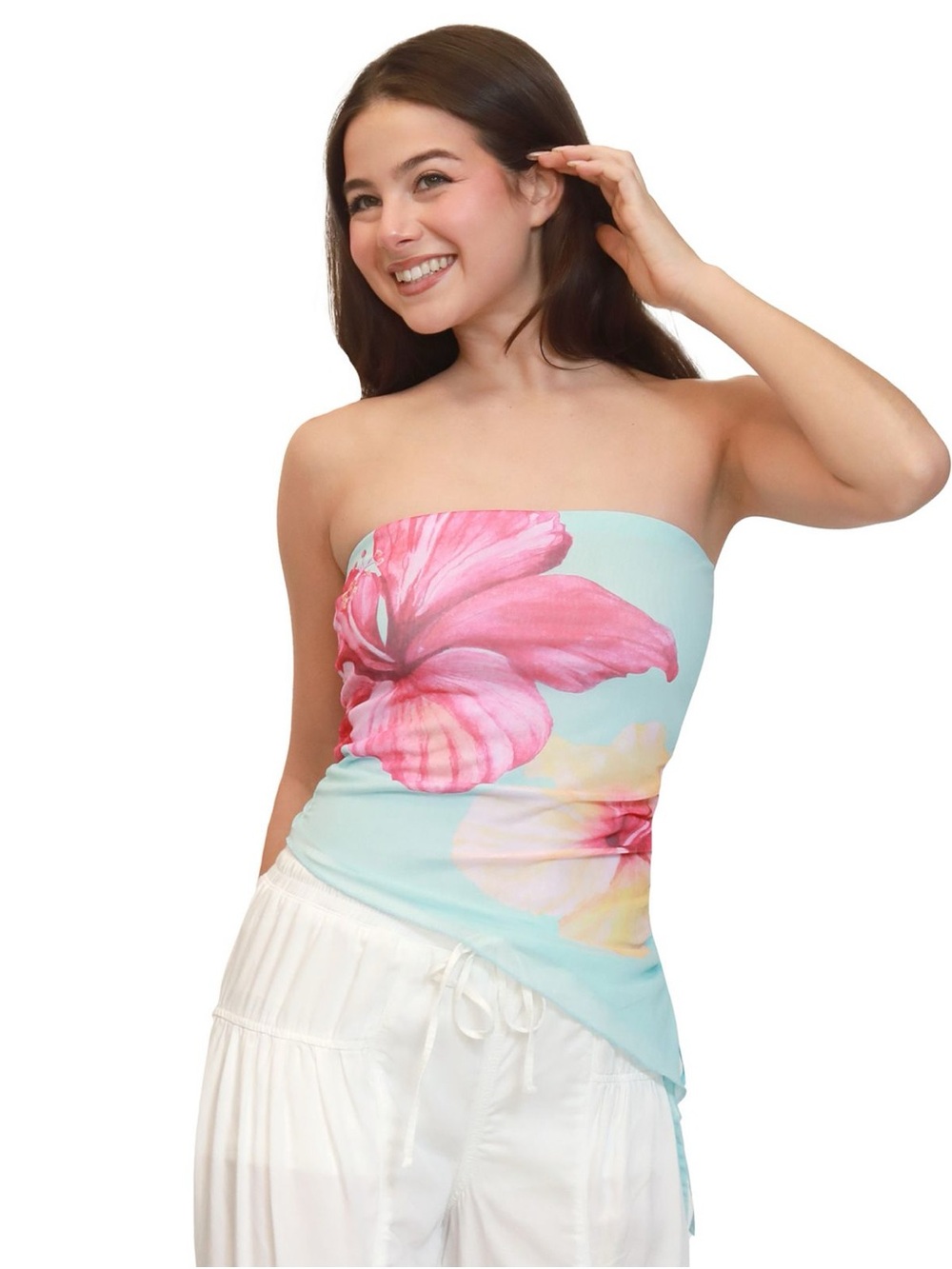 Madden Girl Asymmetrical Aqua Strapless Floral Tube Top with Pink